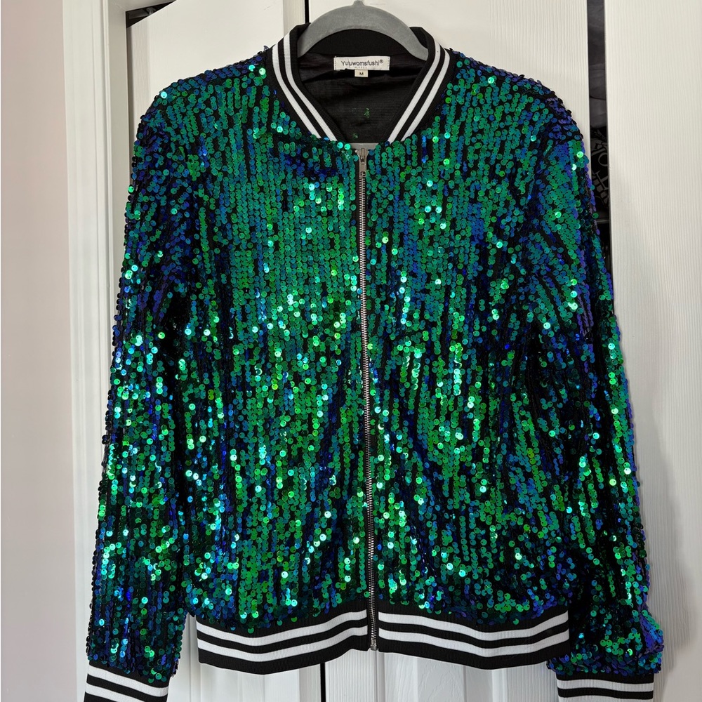 Sequin Bomber Jacket in Green-Blue
